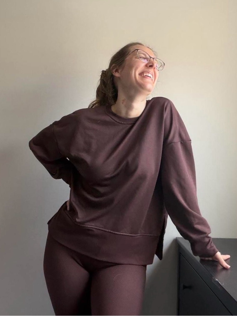 Espresso Chocolate Brown Oversized Crew Neck Ribbed Legging Lounge Set Medium